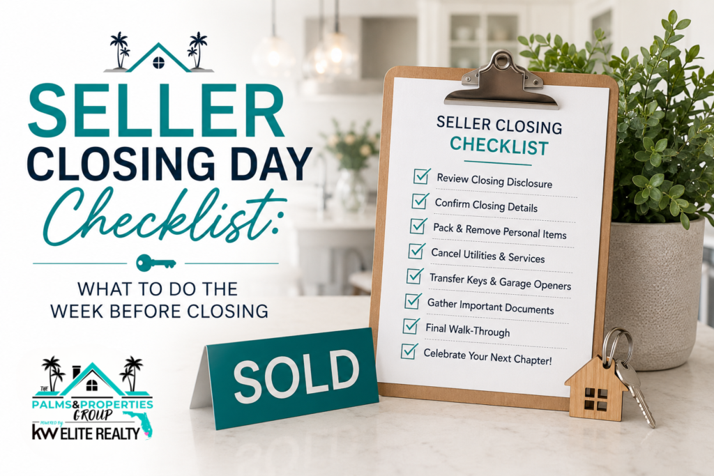 Seller closing day checklist with a sold sign, house keys, and a checklist outlining what homeowners should do the week before closing on their home sale.