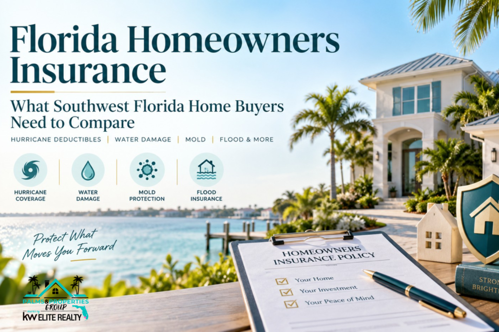Southwest Florida home with homeowners insurance policy, hurricane, water damage, mold and flood coverage icons